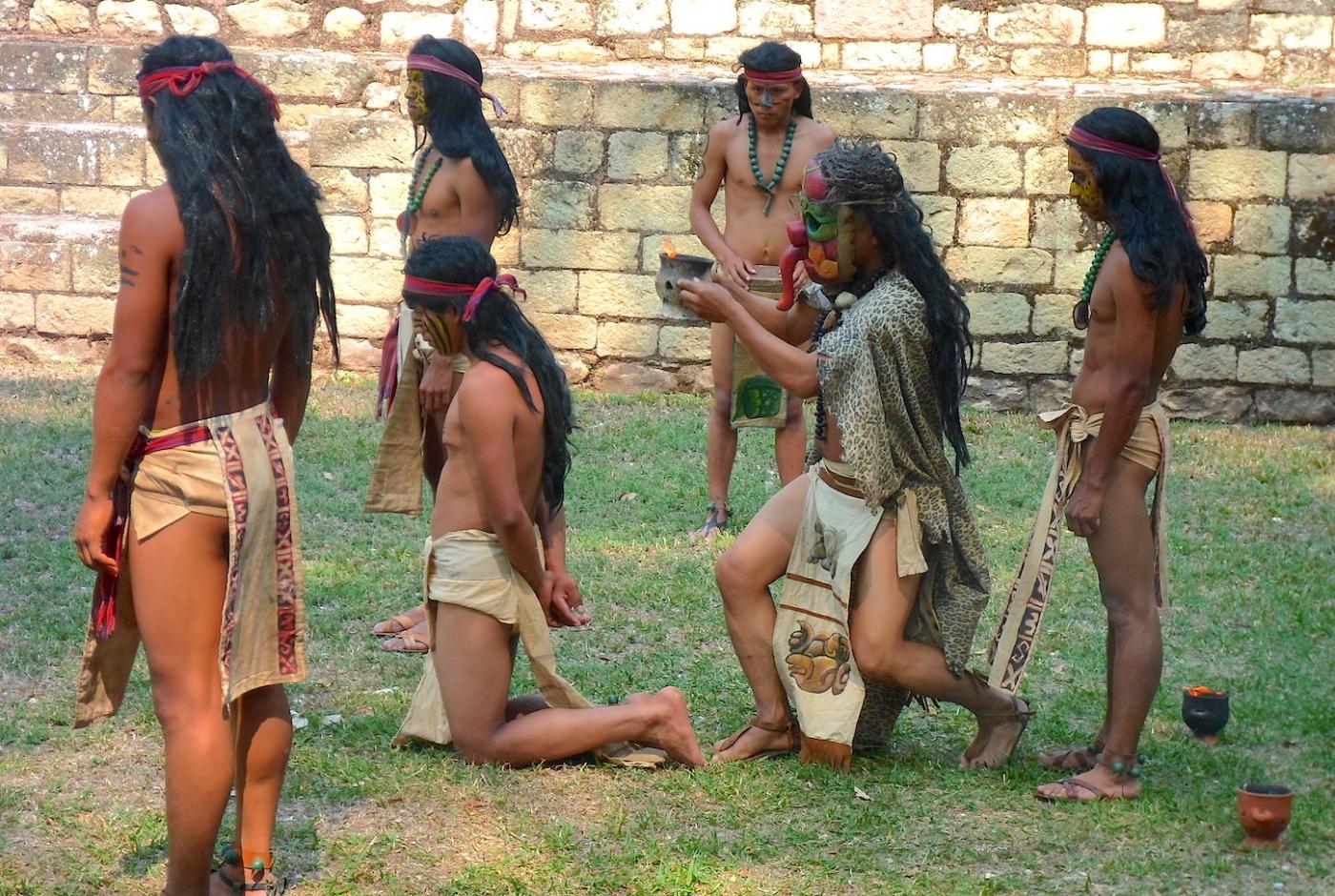A theatrical reenactment of an ancient Mayan ritual by the local Maya Chorti Youth at the Mayan Ruins of Copan. 