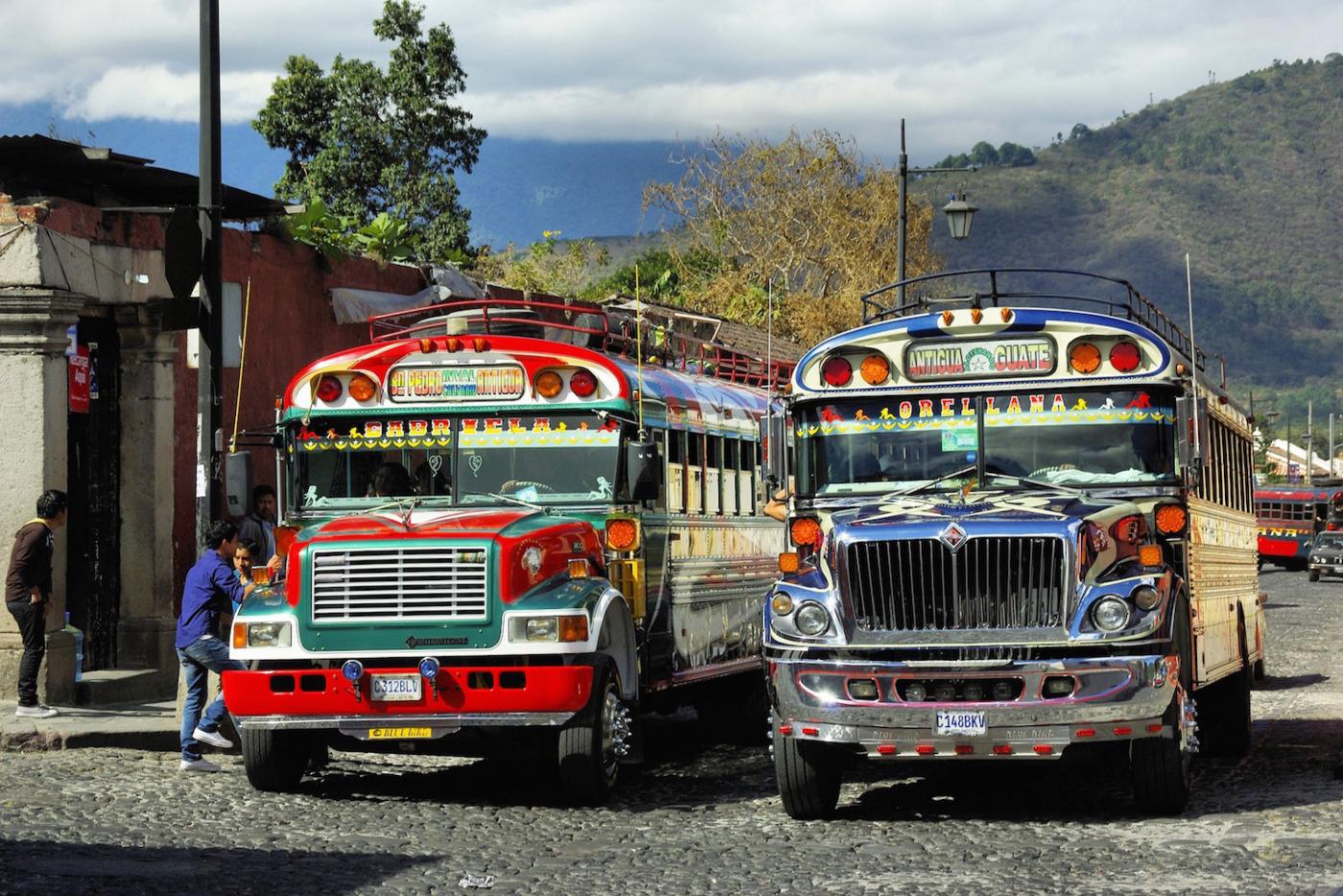 Chicken buses in Antigua, Guatemala