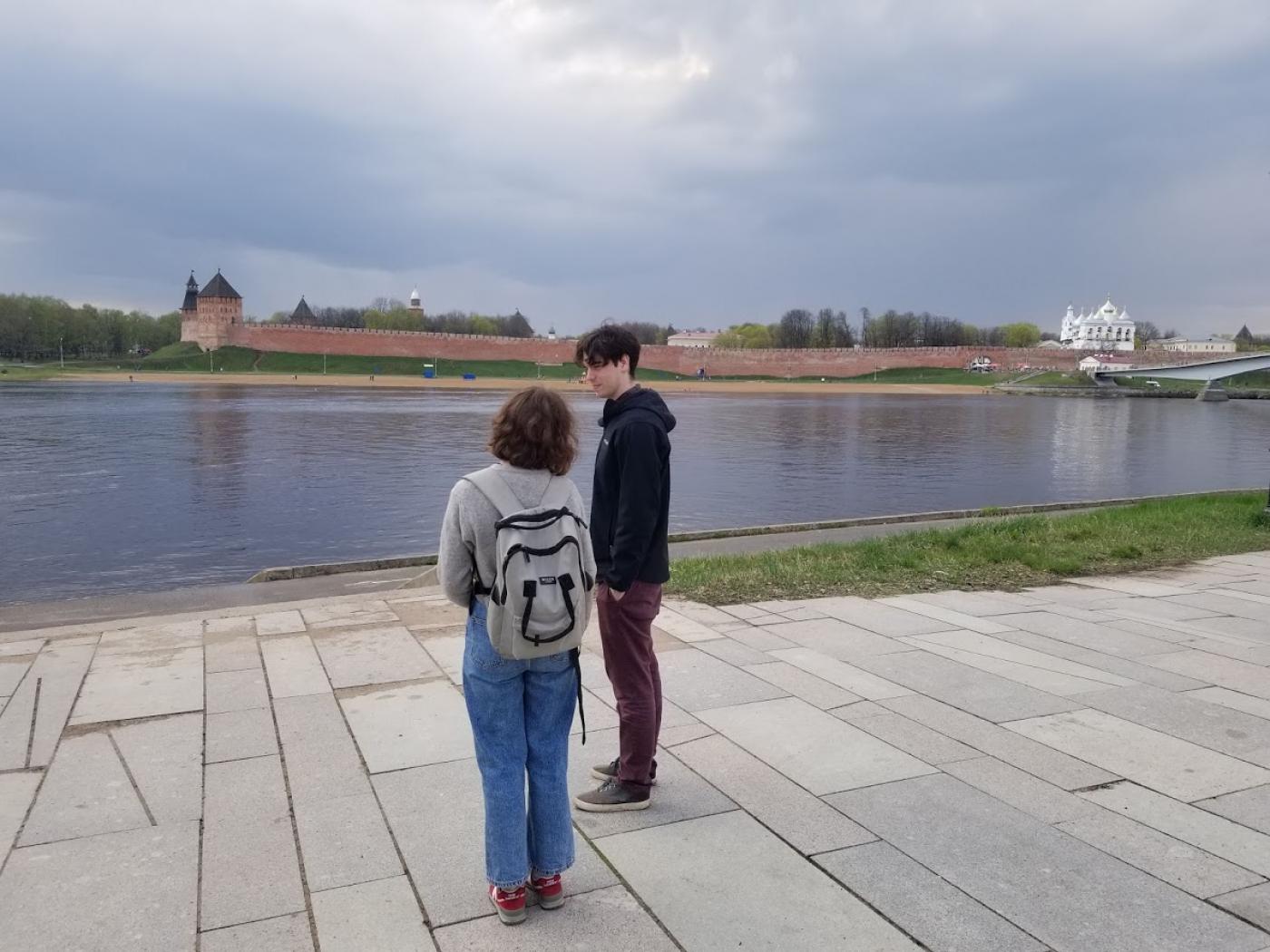 A Russian and American friend chatting on a recent trip to Novgorod.