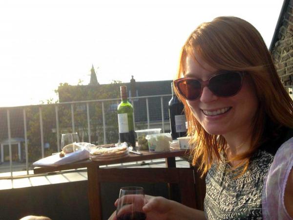 Nikki enjoying a borrel on the rooftop patio in Utrecht. 