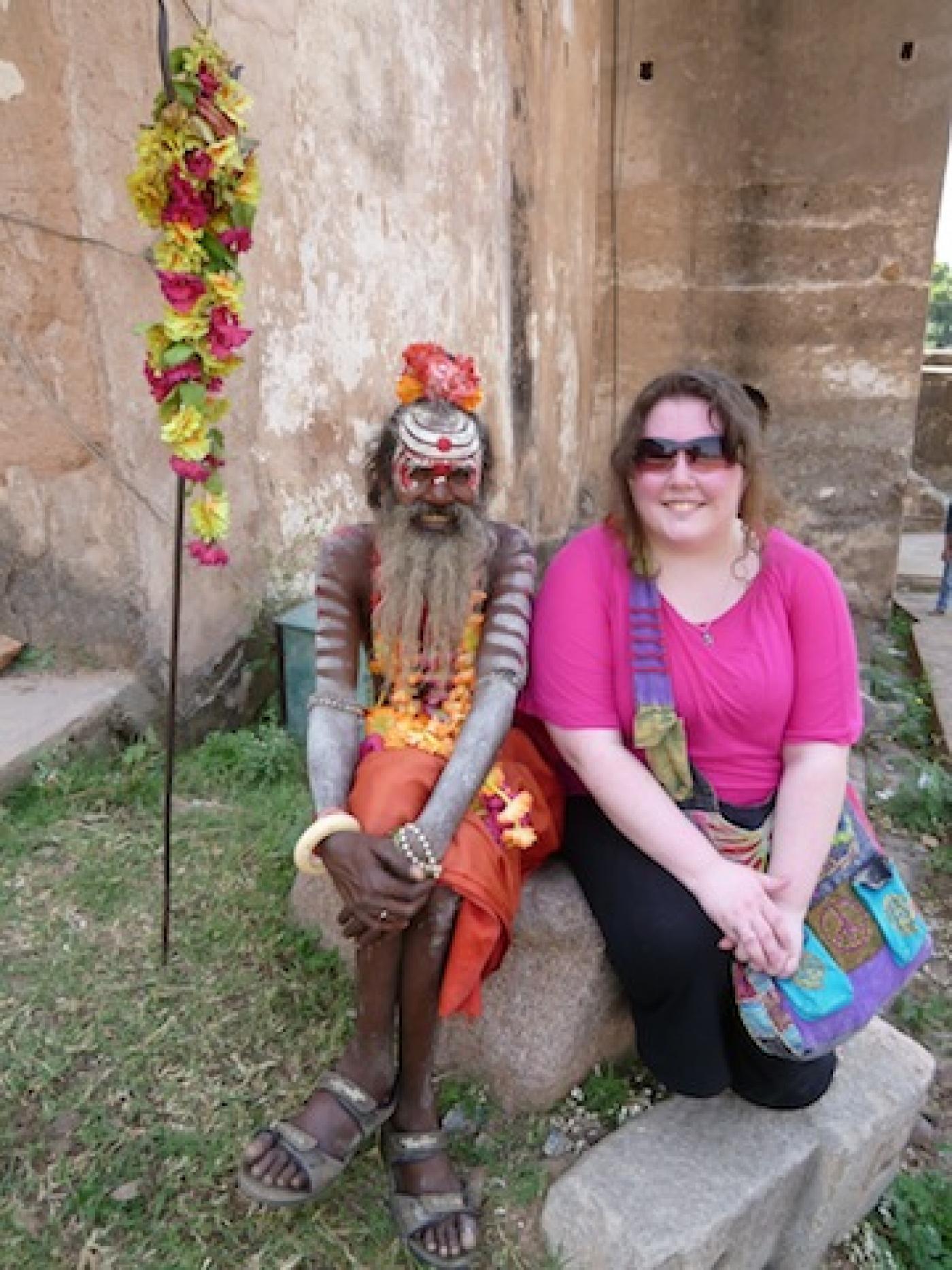 Crystal and Baba Chetanayagiri, a Sadhu, at Orchha Fort.
