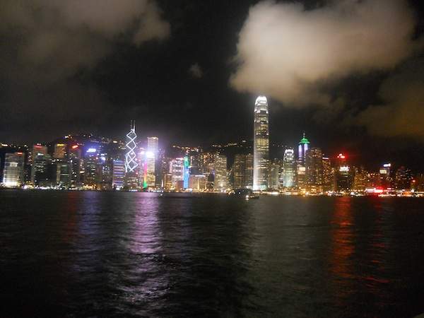 The Hong Kong skyline at night.