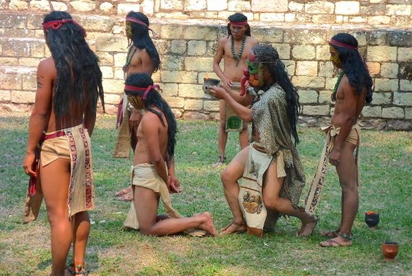 A theatrical reenactment of an ancient Mayan ritual by the local Maya Chorti Youth at the Mayan Ruins of Copan. 