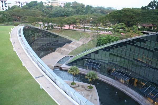 The arts building on Nanyang Technological University campus, as seen from the green roof.