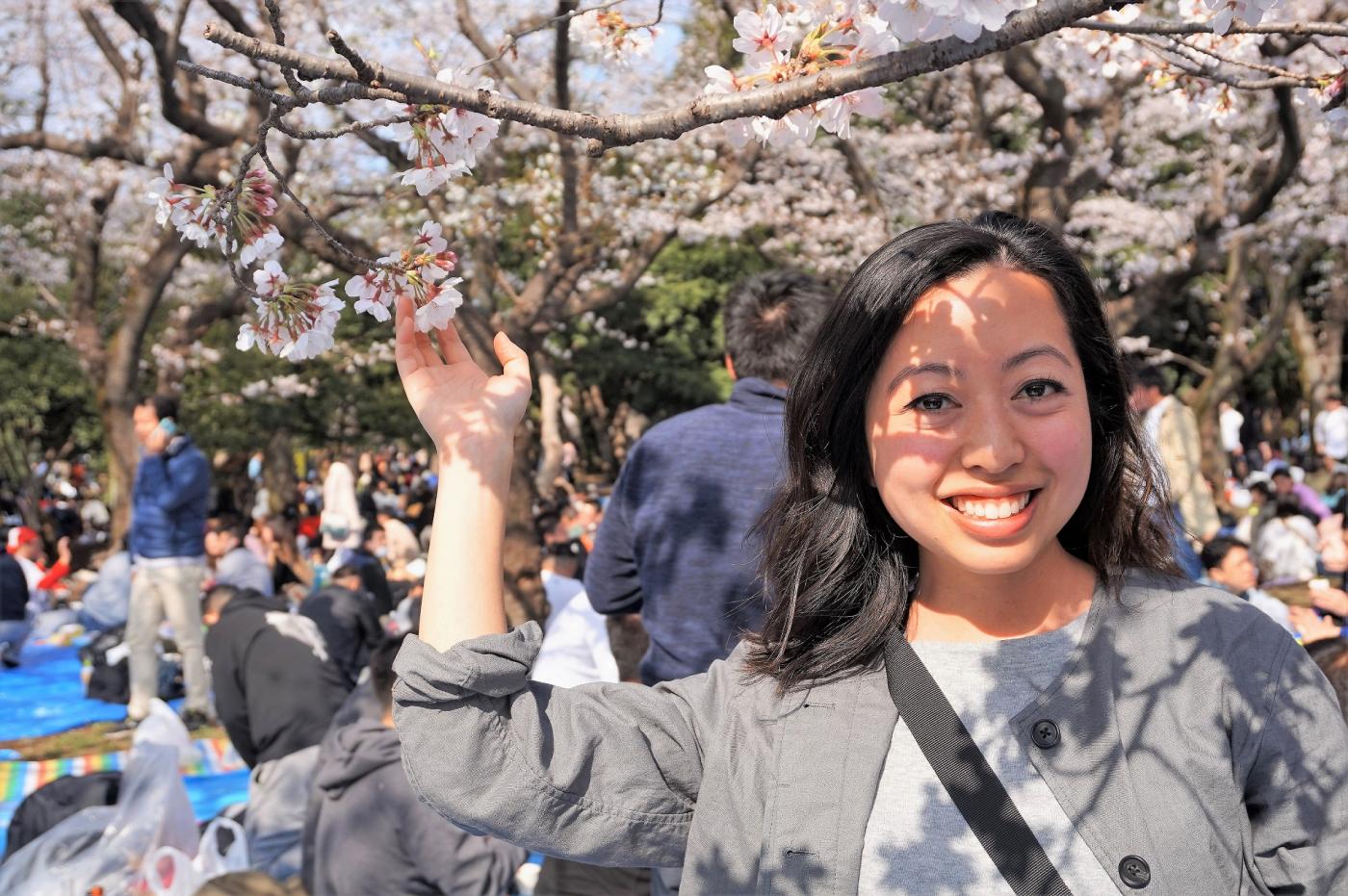 Lorraine enjoying the cherry blossoms at Yoyogi Park, Tokyo.