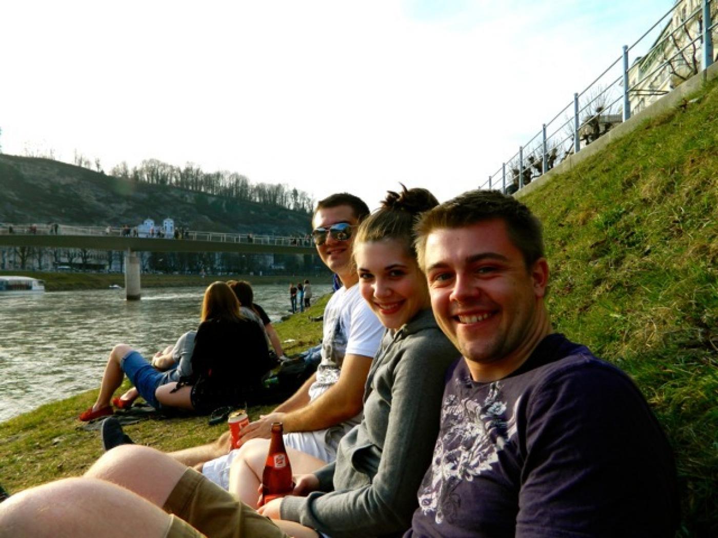 Emily (middle) takes advantage of spring abroad with two friends in  salzach river in Salzburg, Austria. 