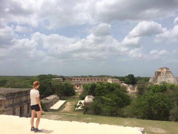 Kate in Mexico, visiting the Uxmal ruins in the Yucatan.