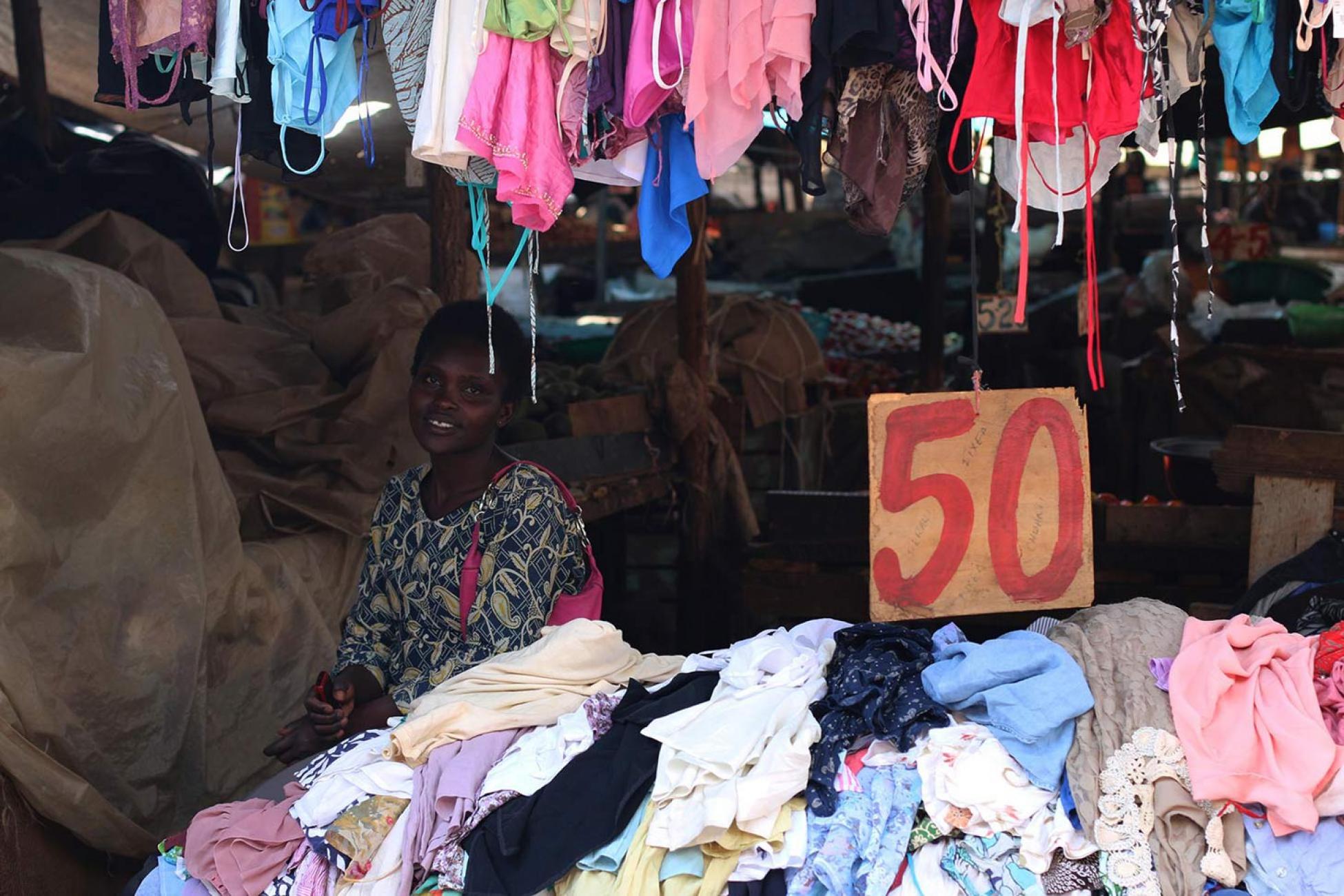 Clothing vendor at Toi Market in Nairobi.