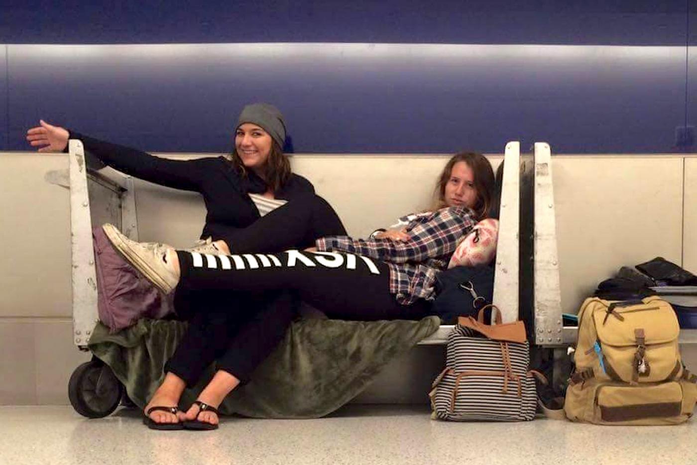 Krista and her new friend Kelly camp out at the airport.